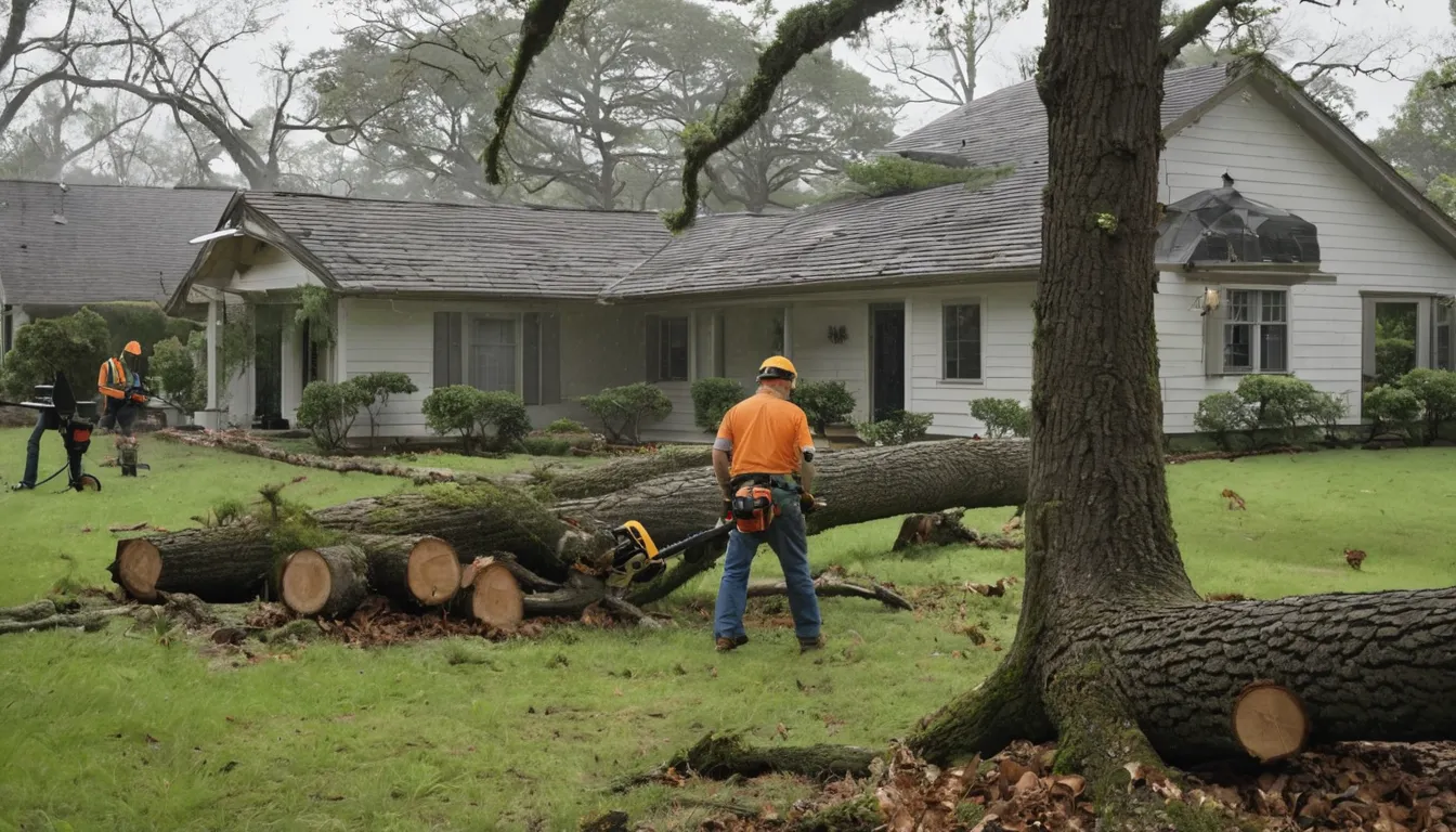 A provider in a hard hat safely cutting a storm-fallen tree beside an older home in Wildwood